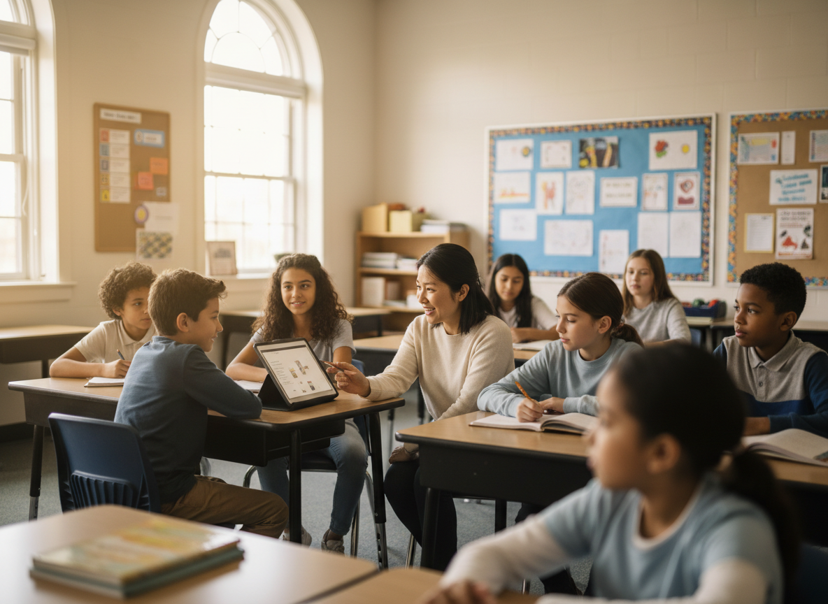 A teacher engaging warmly with a diverse group of K-12 students in a bright, welcoming classroom