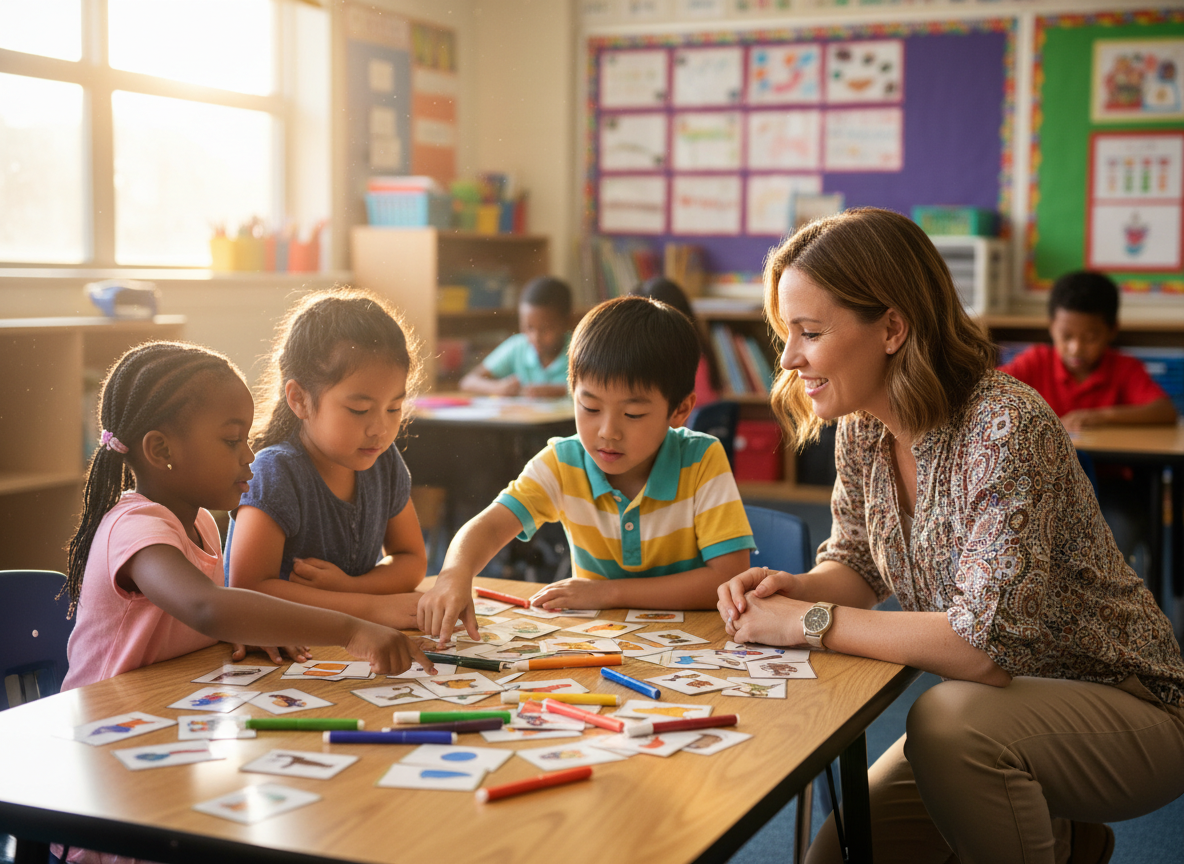 A diverse first grade classroom during a small-group sorting activity, with a teacher kneeling beside four young students at a low table.