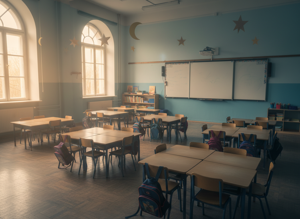 A wide-angle view of a softly lit elementary school classroom, warm natural light streaming through large windows, small groups of desks arranged neatly, a whiteboard with faint writing visible in the background, calm and reflective atmosphere, realistic photography style, slightly desaturated cool-blue tones, no people
